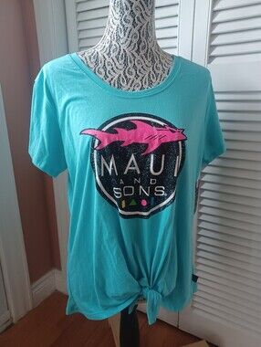 MAUI AND SONS Women's XXL Turquoise Graphic Logo T-shirt Knotted Front Summer